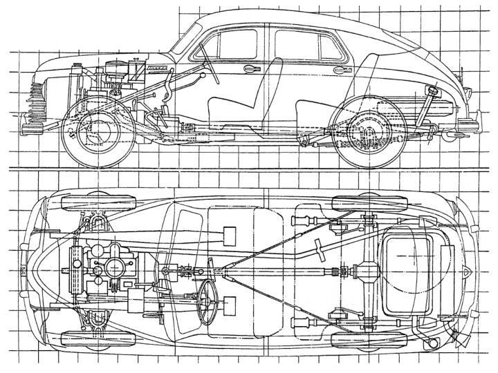 Компоновка автомобиля «Победа» ГАЗ-М20 первого выпуска (сторона квадрата координатной сетки составляет 200 мм)